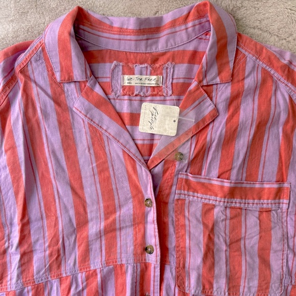 NWT Free People We the Free Play It Cool Linen Striped Shirt Sorbet Combo Size S - Picture 4 of 8